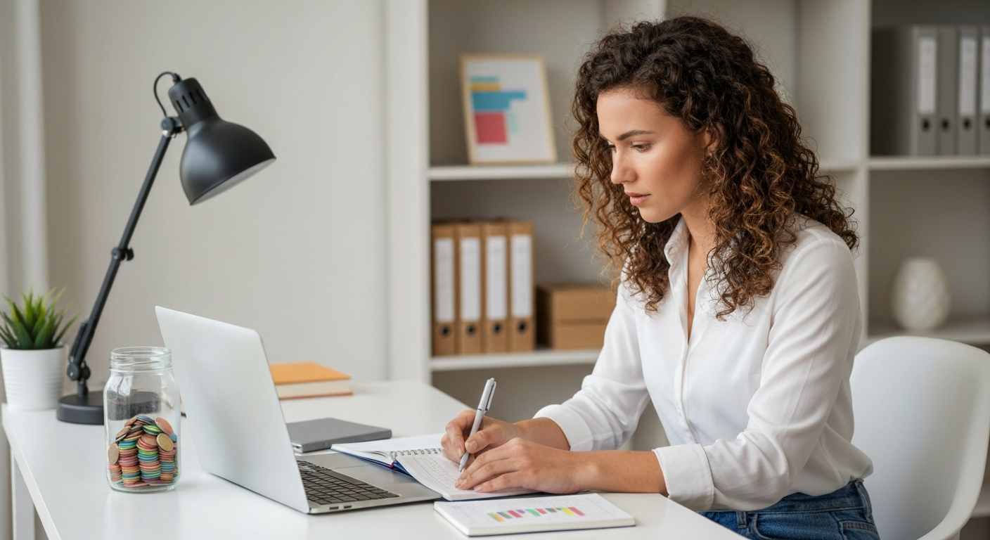 Budget planning with laptop and notebook