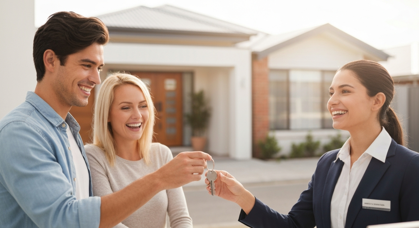 First home buyers receiving house keys