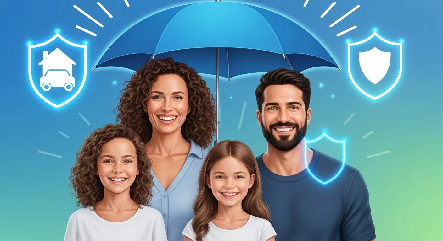 Family protected by insurance umbrella concept