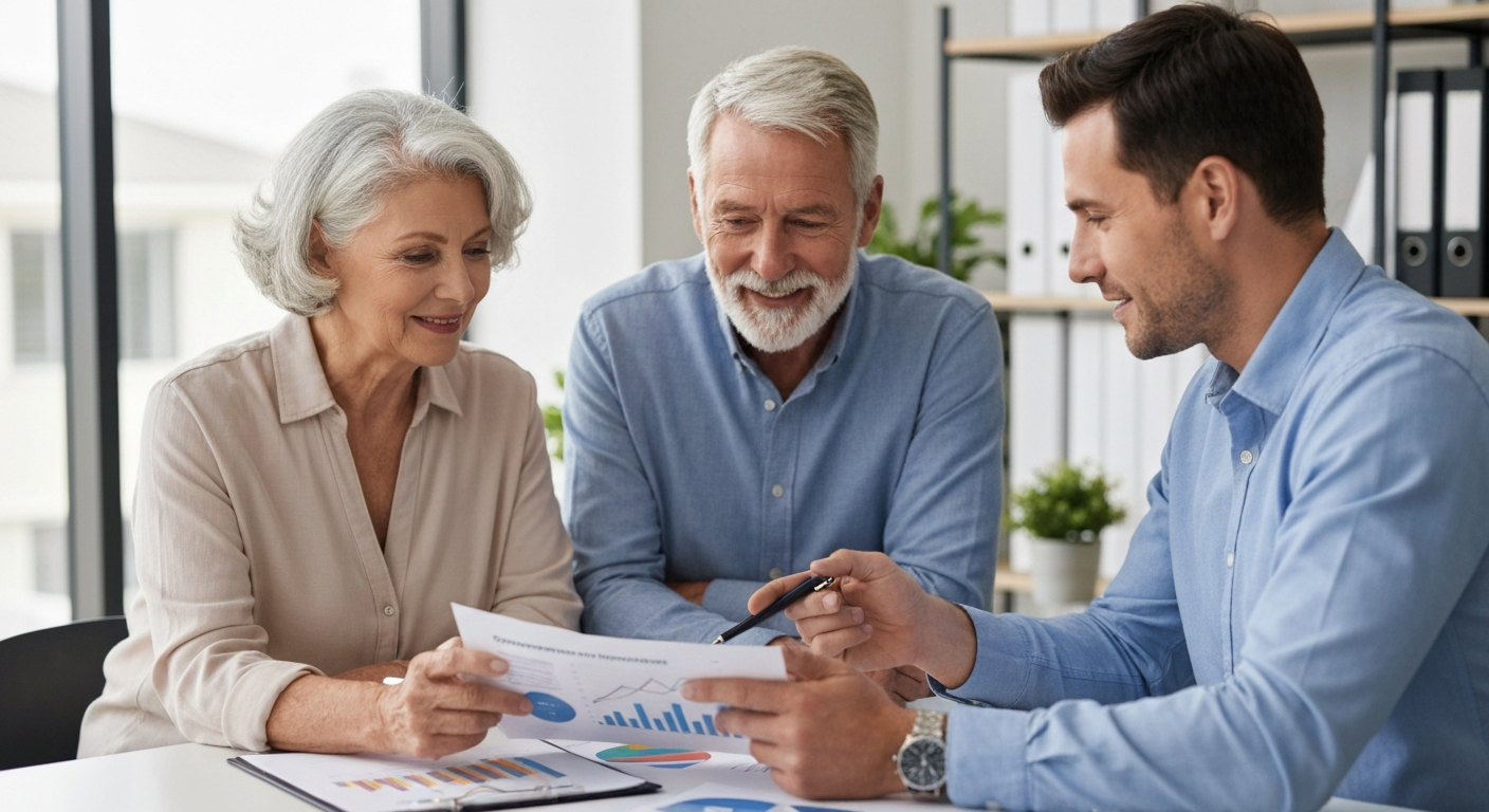 Couple reviewing superannuation with financial advisor